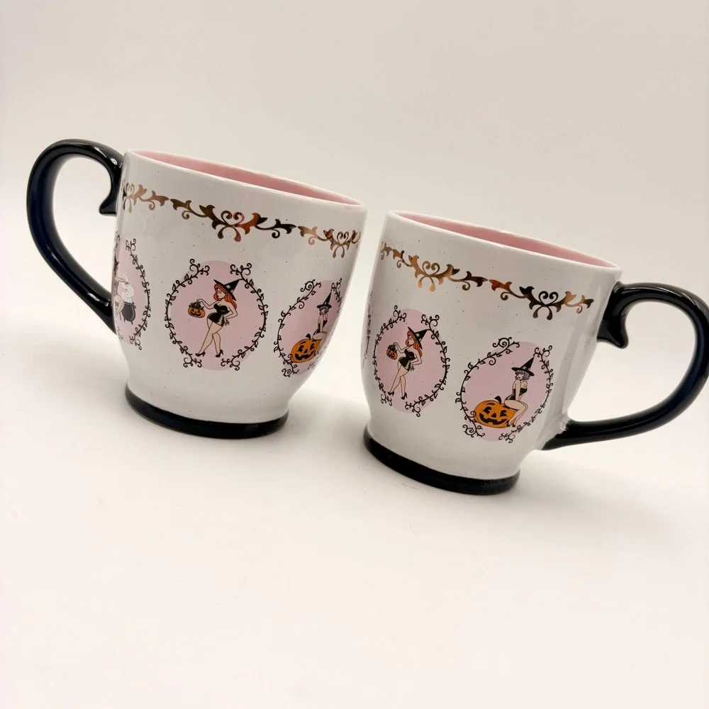 Set of 2 Retro Pin Up Witch Halloween Mugs Pink Interior Gold Filigree Ceramic
